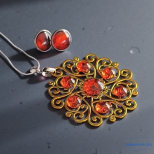   ANAN, kézzel festett, egyedi, üveglencsés ékszer, nyaklánc, fülbevaló, sárga, Mandala