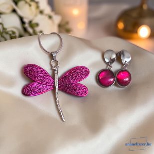   ANAN, kézzel festett, nemesacél, nyaklánc, fülbevaló, pink, Szitakötő
