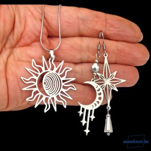   ANAN, nemesacél fülbevaló, nyaklánc, antiallergén ékszer, Nap, Hold, Csillagok