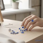 ANAN, nemesacél fülbevaló, egyedi, üveglencsés ékszer, kék, Legyező