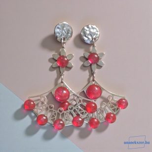   ANAN, nemesacél fülbevaló, egyedi, üveglencsés ékszer, piros, Legyező