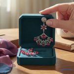 ANAN, nemesacél fülbevaló, egyedi, üveglencsés ékszer, piros, Legyező