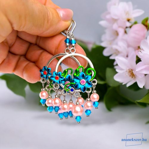 ANAN, hangsúlyos, kézzel festett fülbevaló, egyedi, gyöngyékszer, Virágok