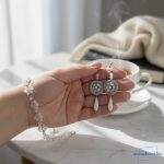 ANAN, kézzel készült, horgolt gyöngyös karkötő, fülbevaló, fehér, Virág
