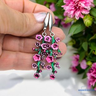   ANAN, kézzel festett, egyedi ékszer, fülbevaló, nyaklánc, pink, zöld, Virágfürt