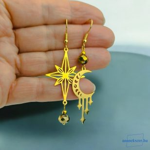   ANAN, nemesacél fülbevaló, nyaklánc, antiallergén ékszer, aranyszínű, Nap, Hold, Csillagok