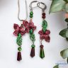   ANAN, kézzel festett, fülbevaló, nyaklánc, kármin-zöld, tropical flower, Tündérkönny