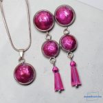 ANAN, kézzel festett, egyedi, üveglencsés ékszer, fülbevaló, nyaklánc, pink, Barby